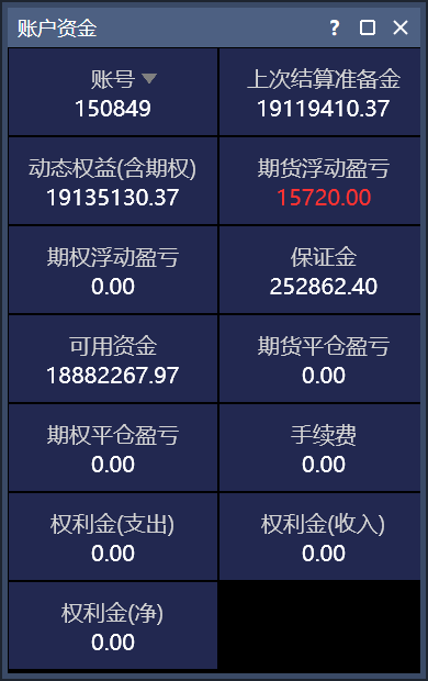 账户资金窗口,账号格带下拉三角,显示权益、盈亏、保证金、可用资金、手续费与权利金收支
